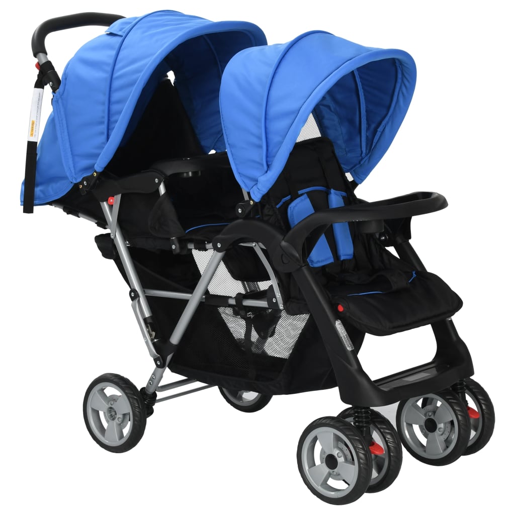 Kinderwagen Kinderkarre Buggy Zwillings-Geschwisterwagen Stahl Blau und Schwarz