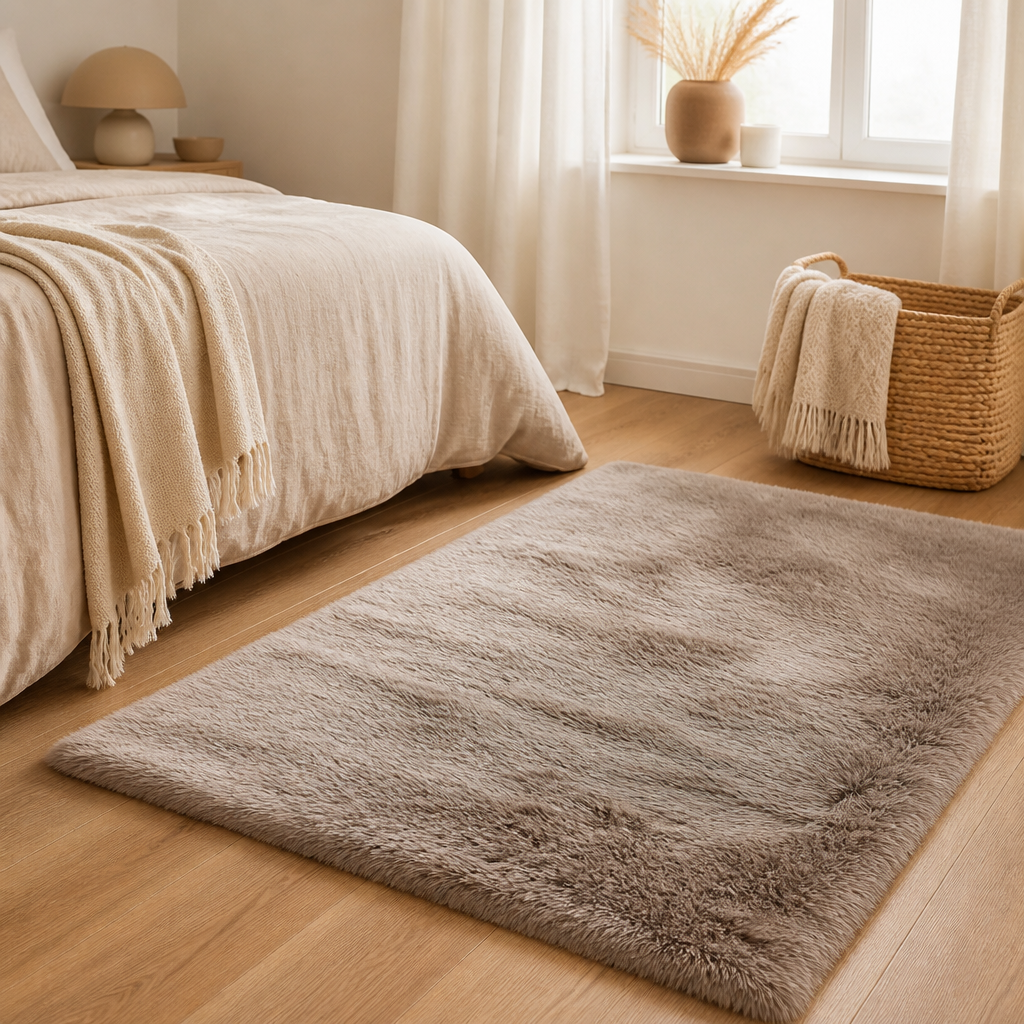 Kunstfell-Teppich in Taupe: weiche Wärme für Wohnzimmer und Schlafzimmer