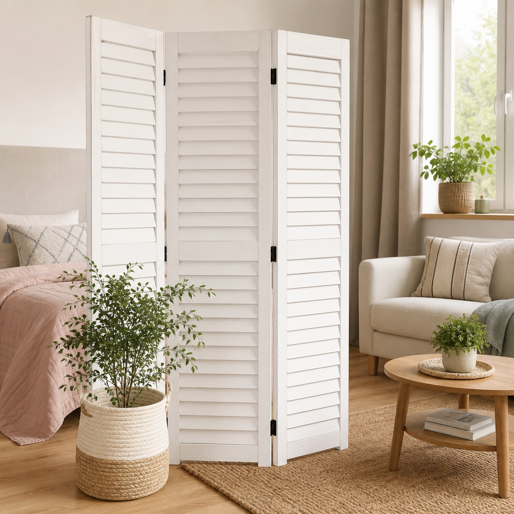 Weißer 3-teiliger Raumteiler aus Paulownia-Holz: flexible Ideen für mehr Struktur im Zuhause
