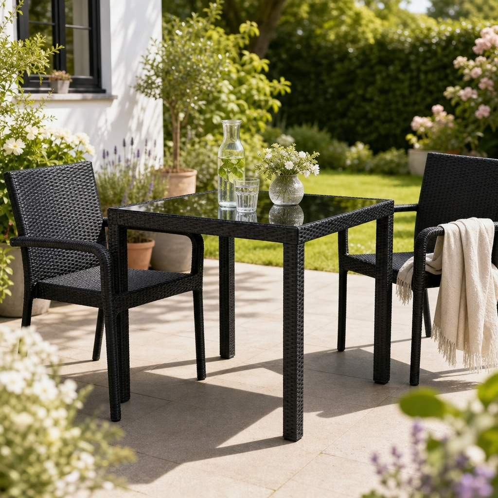 Gartentisch in Schwarz 80x80 cm mit Glasplatte für Garten und Terrasse