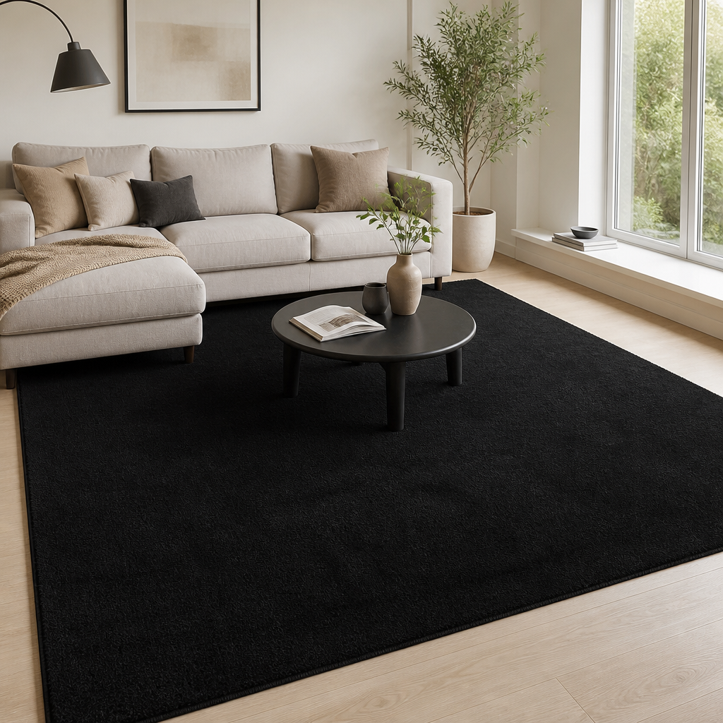 Teppich HUARTE in Schwarz: weicher Kurzflor für große Wohnbereiche