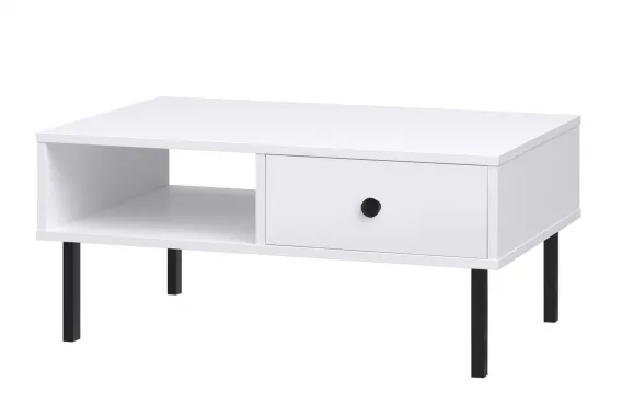 VENUS Couchtisch 90 cm wei� mit Schublade schwarzer Metallgriff und Metallbeinen