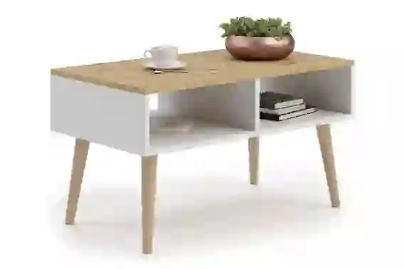 SANDI Couchtisch Wei� Artisan Eiche mit 2 Ablagen und Holzbeinen