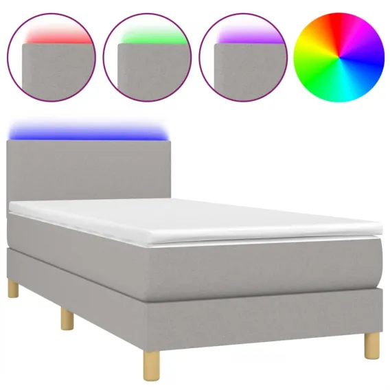 Boxspringbett mit Matratze & LED Hellgrau 90x200 cm Stoff Bett Bettgestell