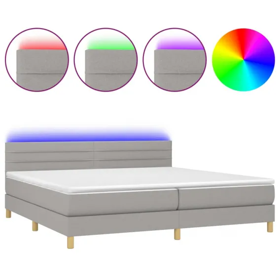Boxspringbett mit Matratze & LED Hellgrau 200x200 cm Stoff Bett Bettgestell