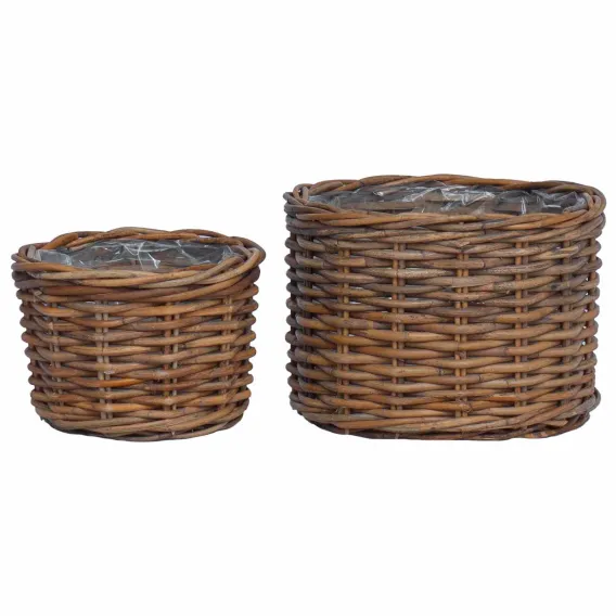 Pflanzk�bel Pflanzkorb Blumentopf Korb mit Folie 2er Set Braun Kubu Rattan