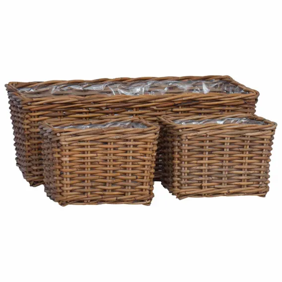 Pflanzk�bel Pflanzkorb Blumentopf Korb mit Folie 3 pcs Braun Kubu Rattan