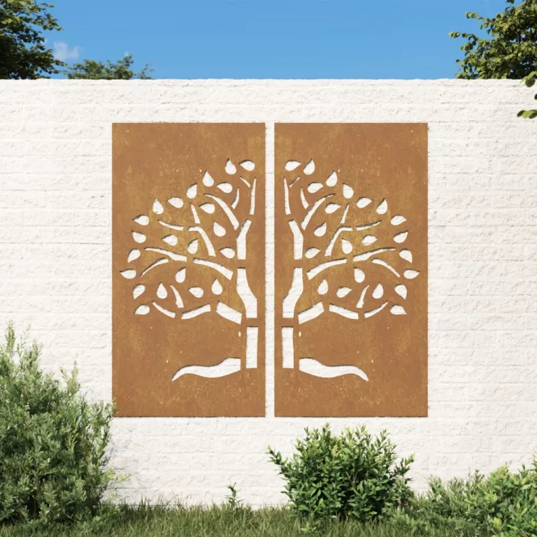 2-tlg. Garten-Wanddeko 105x155 cm Cortenstahl Baum-Design Gartendekoration
