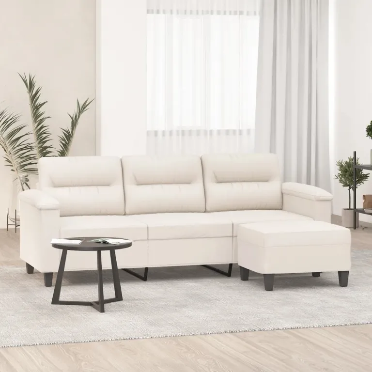 3-Sitzer-Sofa mit Hocker Beige 180 cm Mikrofasergewebe Couch Stoff