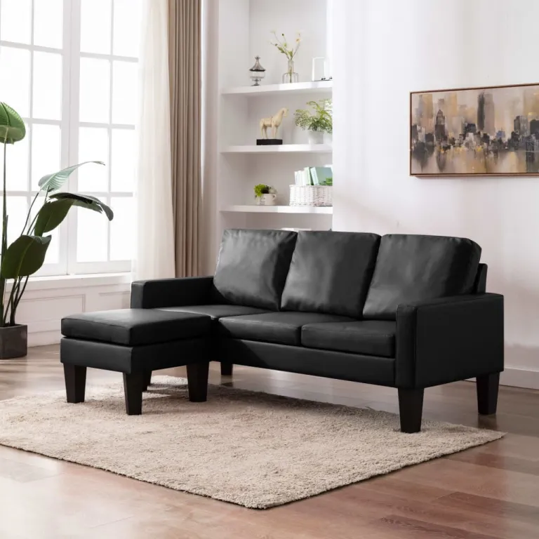 3-Sitzer-Sofa mit Hocker Schwarz Kunstleder Couch