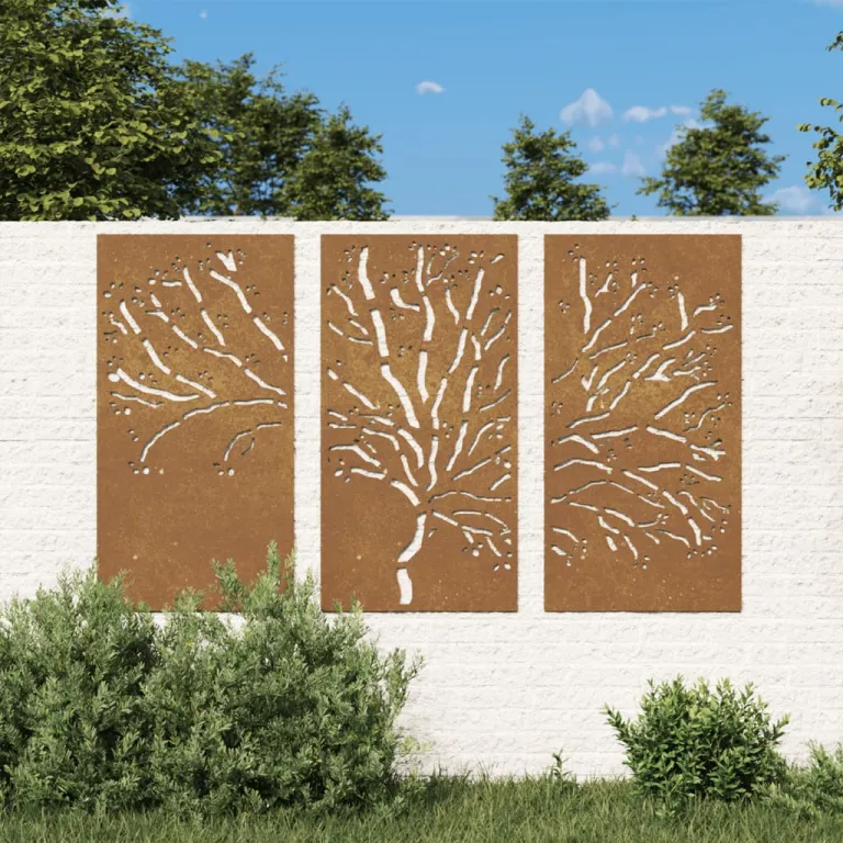 3-tlg. Garten-Wanddeko 105x155 cm Cortenstahl Baum-Design Gartendekoration