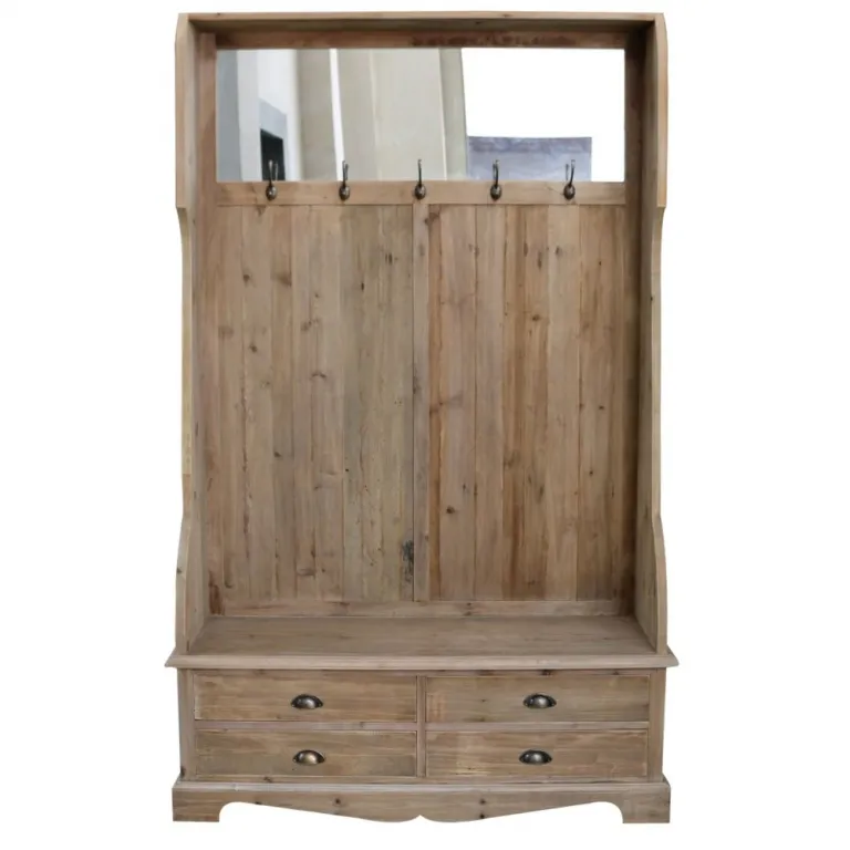 Wandgarderobe Eingangsbereich Holz mit Sitzbank Spiegel 125 x 40 x 200 cm