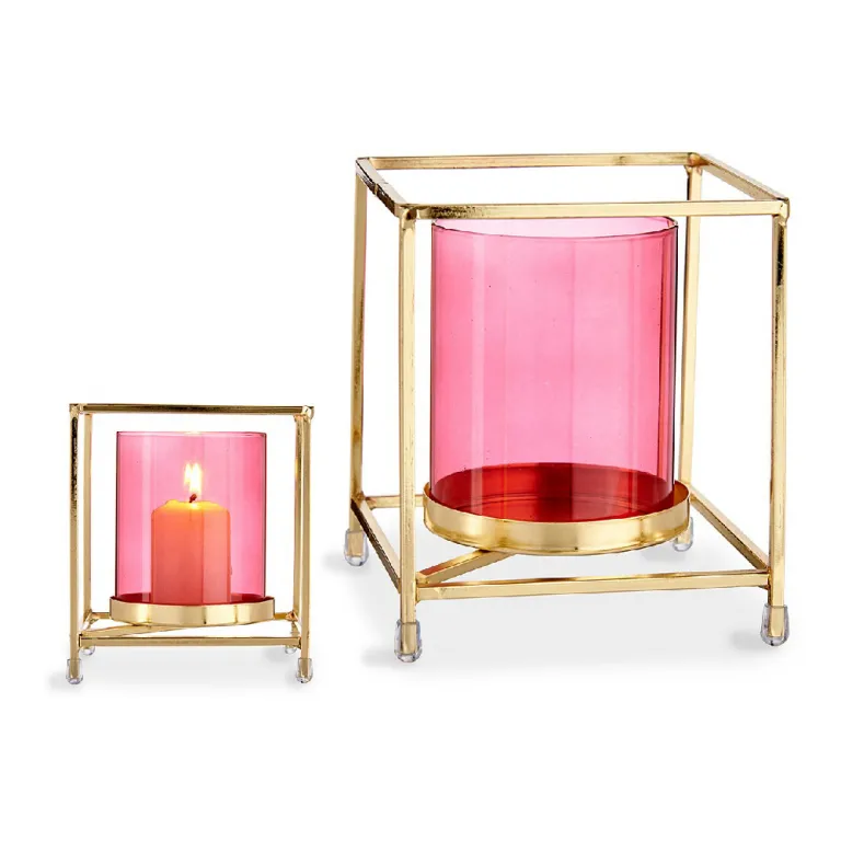 Windlicht Kerzenschale karriert Rosa Golden Metall Glas 11,5 x 12,6 x 11,5 cm