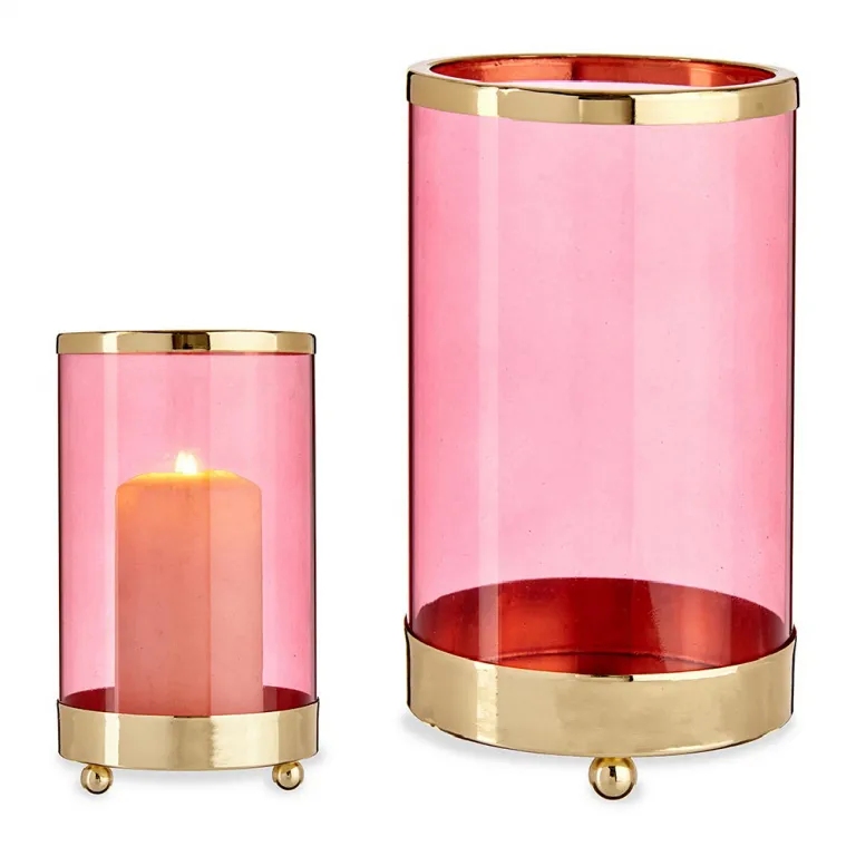 Windlicht Kerzenschale Rosa Golden Zylinder Metall Glas 9,7 x 16,5 x 9,7 cm