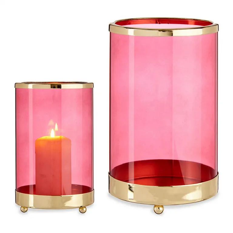 Windlicht Kerzenschale Rosa Golden Zylinder Metall Glas 12,2 x 19,5 x 12,2 cm