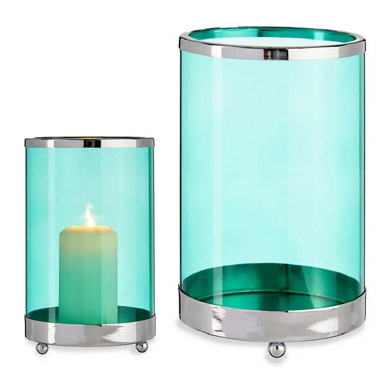 Windlicht Kerzenschale Silberfarben Blau Zylinder Metall Glas 12,2 x 19,5 x 12,2
