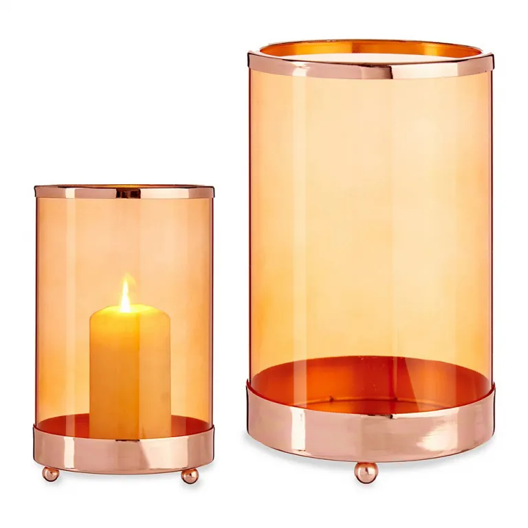 Windlicht Kerzenschale Kupfer Bernstein Zylinder Metall Glas 12,2 x 19,5 x 12,2