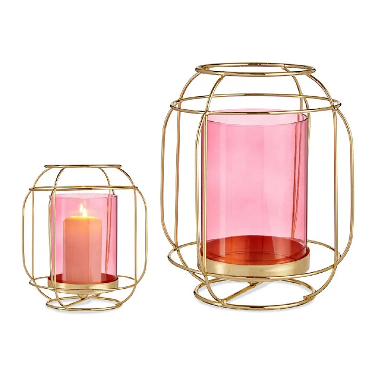 Windlicht Kerzenschale Rosa Golden Lanterne Metall Glas 19 x 20 x 19 cm