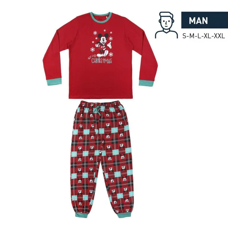 Schlafanzug Langarm Pyjama 2tlg. Nachtwsche Mickey Mouse Herren Rot