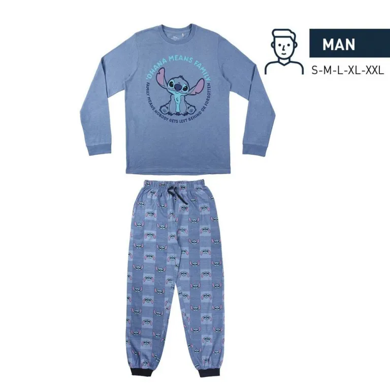 Herren Langarm Pyjama 2 Teiler Schlafanzug Nachtwsche Stitch Blau