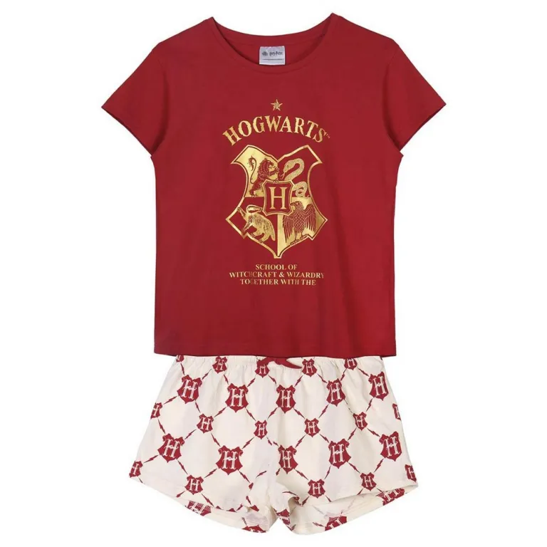Damen Shorty Pyjama 2 Teiler Schlafanzug Nachtwsche Harry Potter Dunkelrot