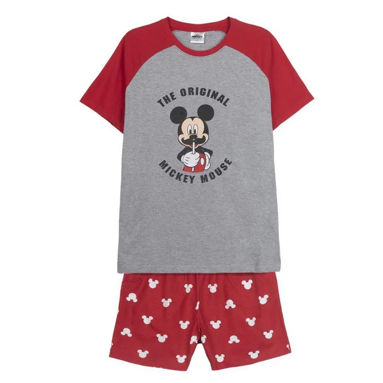 Herren Shorty Pyjama 2 Teiler Schlafanzug Nachtwsche Mickey Mouse Rot Grau