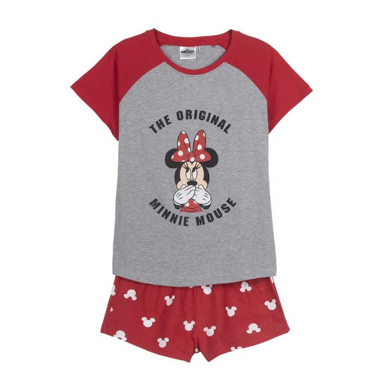 Damen Langarm Pyjama 2 Teiler Schlafanzug Nachtwsche Minnie Mouse Rot Grau