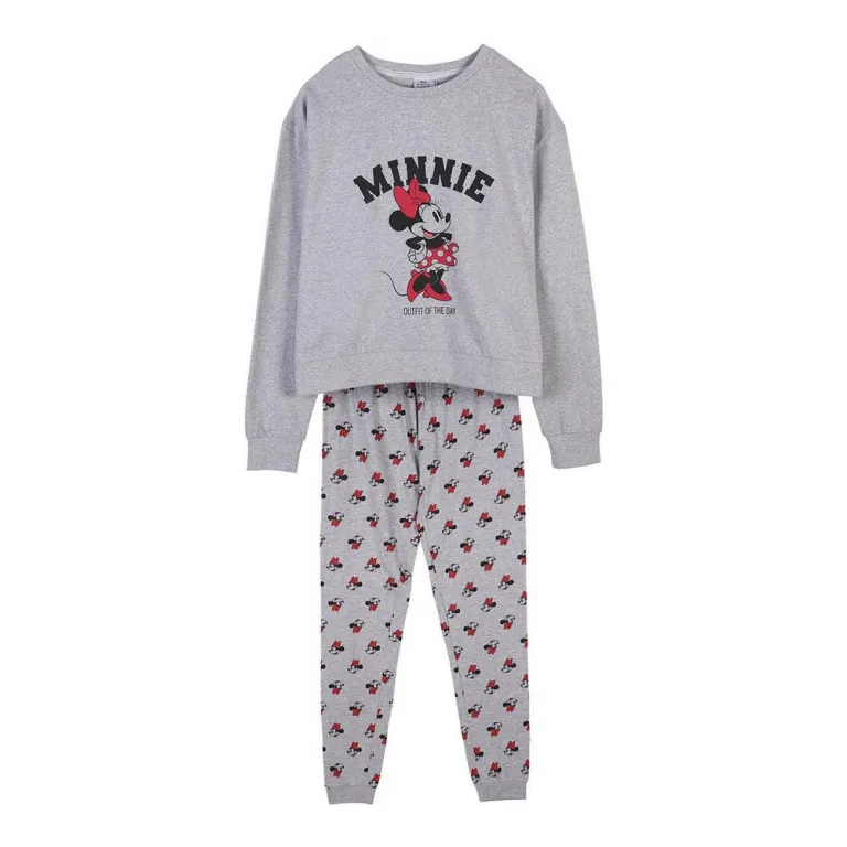 Damen Langarm Pyjama 2 Teiler Schlafanzug Nachtwsche Minnie Mouse Grau