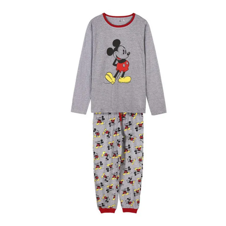 Damen Langarm Pyjama 2 Teiler Schlafanzug Nachtwsche Mickey Mouse Grau