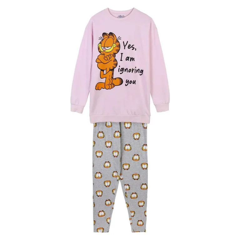 Damen Langarm Pyjama 2 Teiler Schlafanzug Nachtwsche Garfield rosa