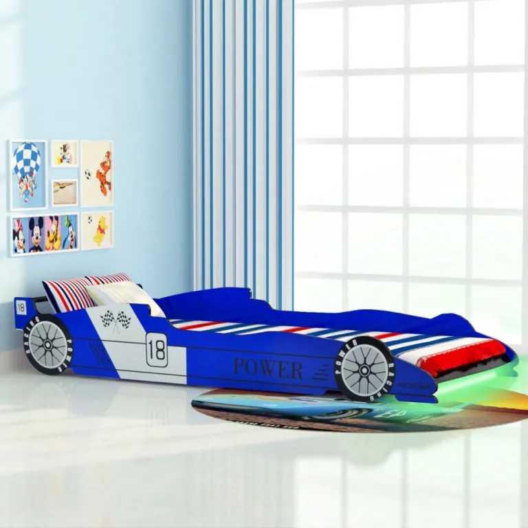 Kinderbett mit Lattenrost 3D Designbett Rennwagen Motivbett LED 90 x 200 cm Blau