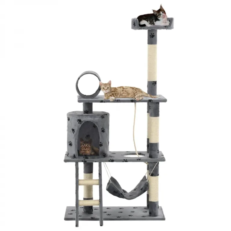 Katzenbaum mit Sisal-Kratzsulen 140 cm Grau Pfoten-Aufdruck
