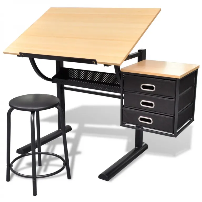 Schreibtisch Zeichentisch mit neigbarer Tischplatte 3 Schubladen und Hocker