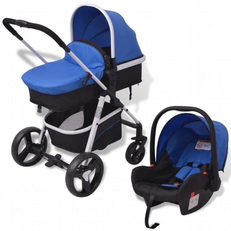Kombi-Kinderwagen mit Ablage Kindersitz Kinderkarre 3-in-1 Alu blau schwarz