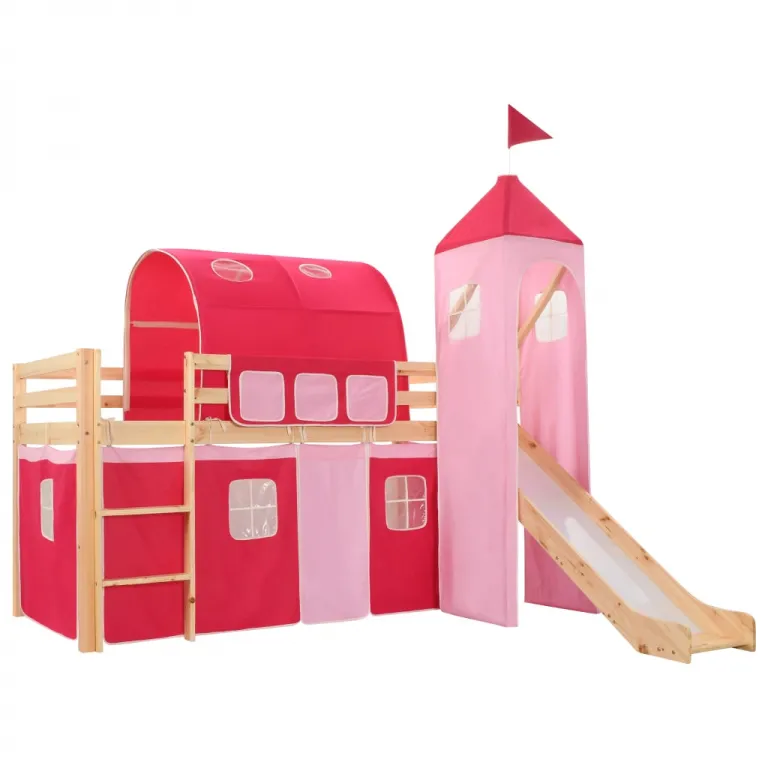 Kinderhochbett Rahmen mit Rutsche Leiter Prinzessin Kiefernholz 208x230cm pink