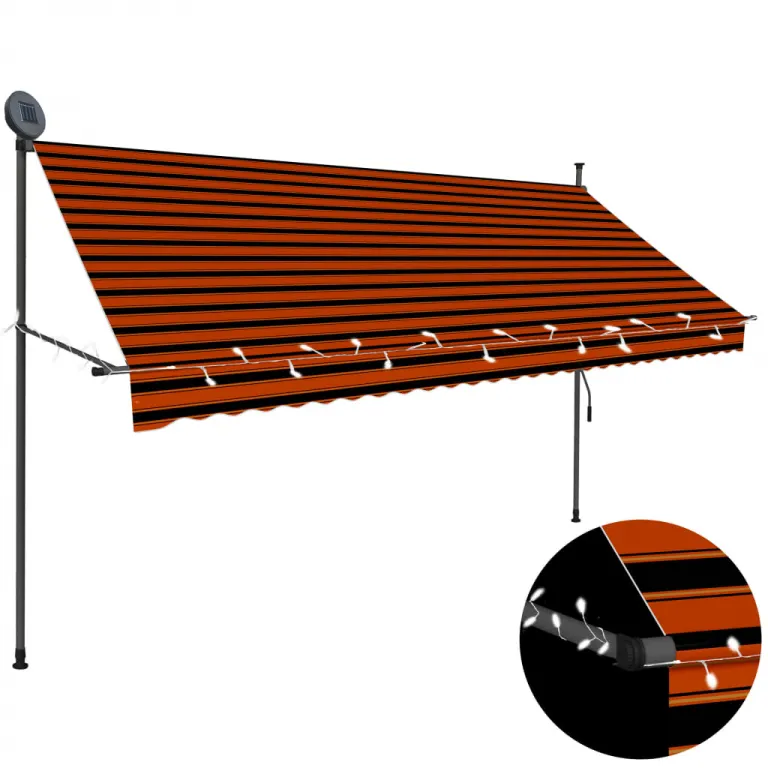 Einziehbare Markise Handbetrieben mit LED 300 cm Orange Braun Balkon Terrasse
