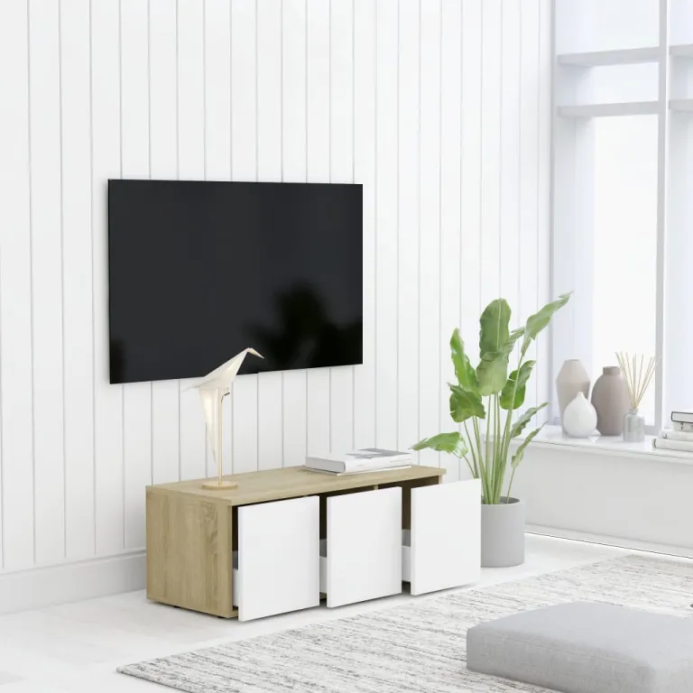TV-Schrank Wei Sonoma-Eiche 80x34x30 cm Spanplatte Lowboard