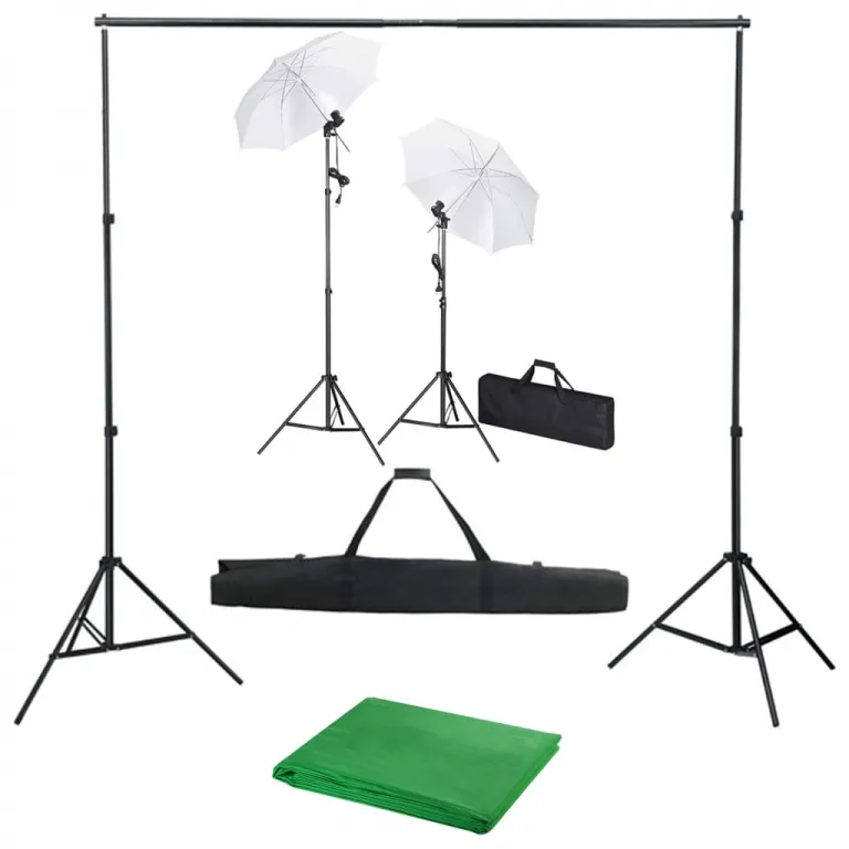 Fotostudio Set mit Hintergrund Leuchten und Schirmen