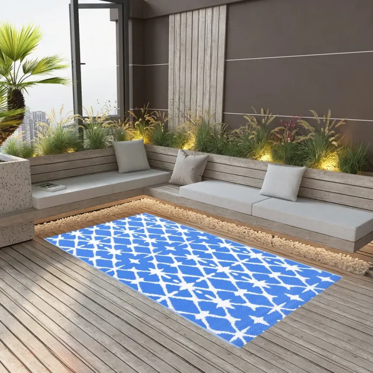 Teppich Terrasse Camping Outdoor drauen Vorzelt Blau und Wei 120x180 cm Kunststoff Teppich