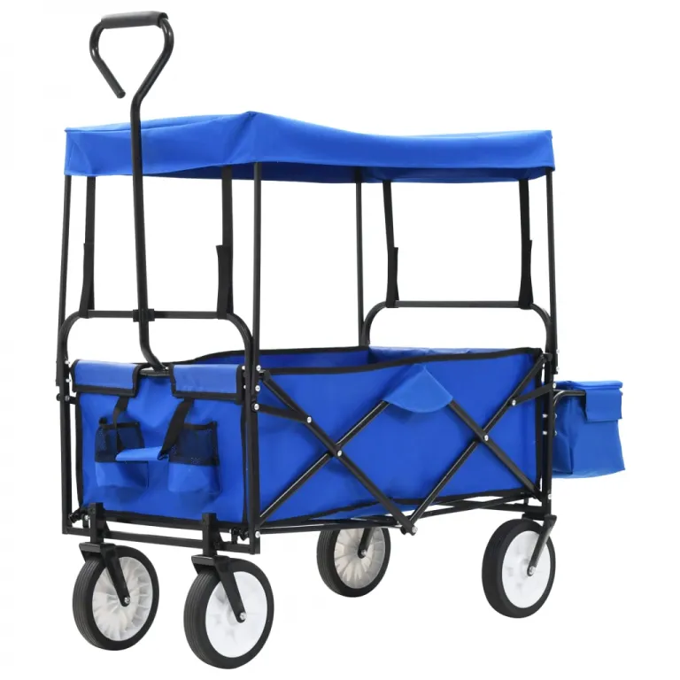 Klappbarer Handwagen mit Sonnendach Stahl Blau Transportwagen Bollerwagen Kinder