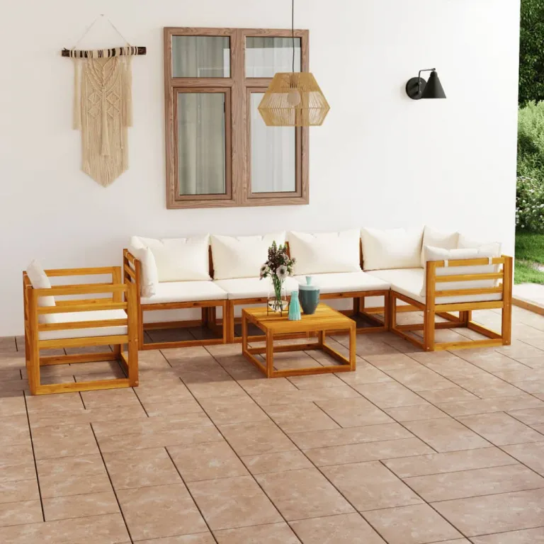 7-tlg. Garten Lounge Set mit Auflagen Creme Massivholz Akazie Holz Sitzgruppe Set Loungembel