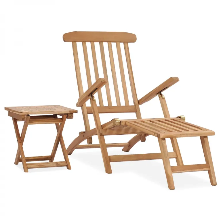 Deckchair Liegestuhl mit Fuauflage mit Beistelltisch Holzstuhl Massivholz Teak Gartenliege Sonnenliege