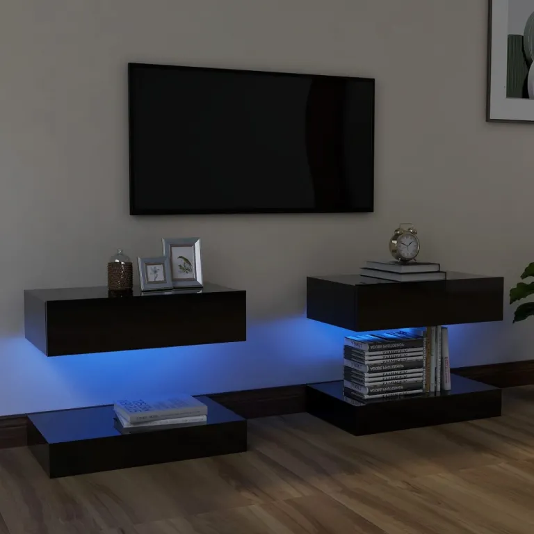 TV-Schrnke mit LED-Leuchten 2 Stk. Hochglanz-Schwarz 60x35 cm Lowboard Lowboard
