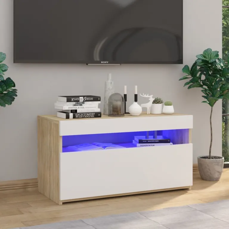 TV-Schrank mit LED-Leuchten Wei & Sonoma-Eiche 75x35x40 cm Lowboard