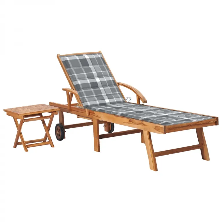 Relax Gartenliege Sonnenliege Holzliege Rollliege mit Tisch Auflage grau kariert