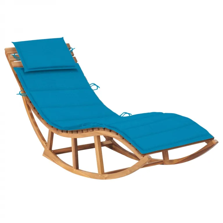 Liegestuhl Schaukelliege Holzliege mit blauer Auflage Massivholz Teak Gartenliege Sonnenliege