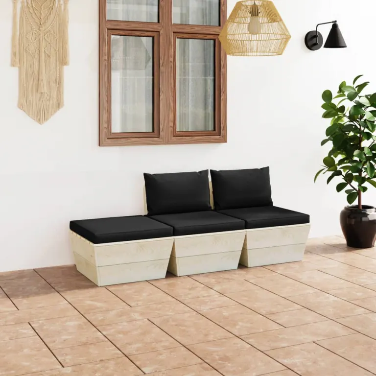 3-tlg. Garten-Sofagarnitur aus Paletten mit Kissen Fichtenholz Sitzgruppe Couch-Garnitur Lounge