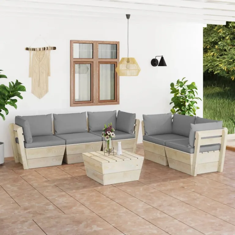 6-tlg. Garten-Sofagarnitur aus Paletten mit Kissen Fichtenholz Sitzgruppe Couch-Garnitur Lounge