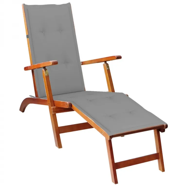 Deckchair Gartenliege Liegestuhl mit Fusttze Auflage hellgrau Massivholz Sonnenliege Holz