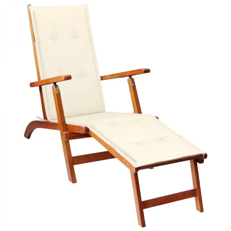 Deckchair Gartenliege Liegestuhl mit Fusttze Auflage creme Massivholz Sonnenliege Holz